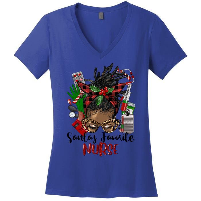 SantaS Favorite Nurse Afro Messy Bun Christmas Gift Women's V-Neck T-Shirt