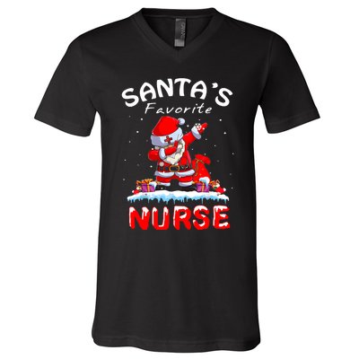 SantaS Favorite Nurse Christmas Funny Dabbing Santa V-Neck T-Shirt