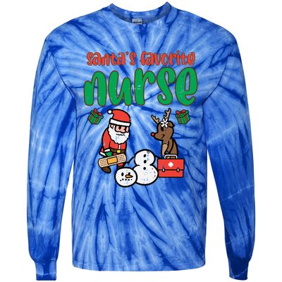 Santas Favorite Nurse Christmas Xmas Nursing Scrub Top Gift Tie-Dye Long Sleeve Shirt