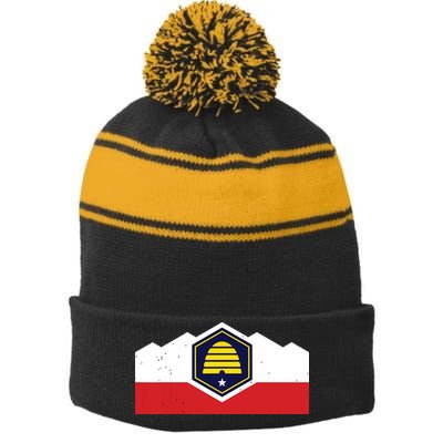State Flag Of Utah New 2024 Beehive Design Stripe Pom Pom Beanie