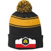 State Flag Of Utah New 2024 Beehive Design Stripe Pom Pom Beanie