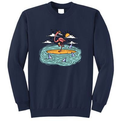 Surfing Flamingo On A Surfboard In The Sea Holiday Gift Surf Tall Sweatshirt