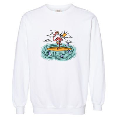 Surfing Flamingo On A Surfboard In The Sea Holiday Gift Surf Garment-Dyed Sweatshirt