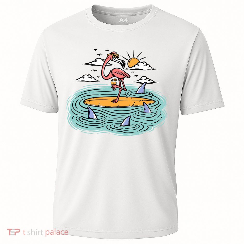 Surfing Flamingo On A Surfboard In The Sea Holiday Gift Surf Performance Shirt