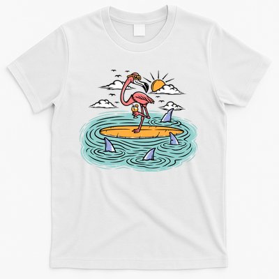 Surfing Flamingo On A Surfboard In The Sea Holiday Gift Surf T-Shirt