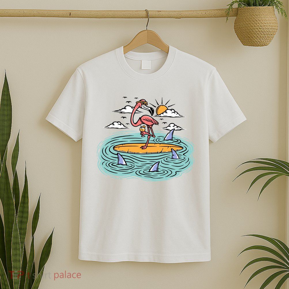 Surfing Flamingo On A Surfboard In The Sea Holiday Gift Surf T-Shirt