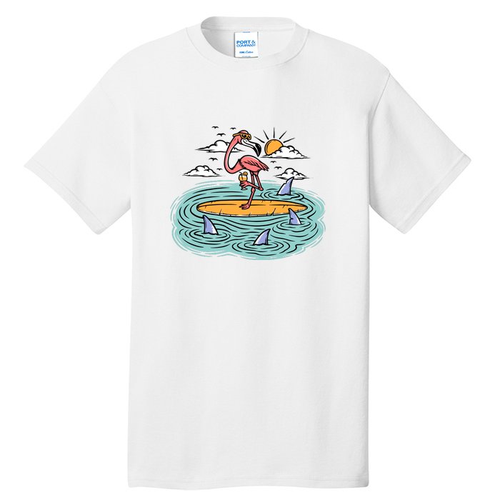 Surfing Flamingo On A Surfboard In The Sea Holiday Gift Surf Tall T-Shirt