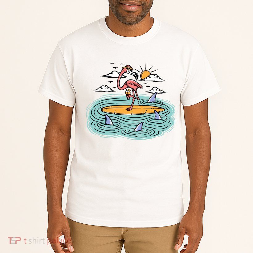 Surfing Flamingo On A Surfboard In The Sea Holiday Gift Surf Tall T-Shirt