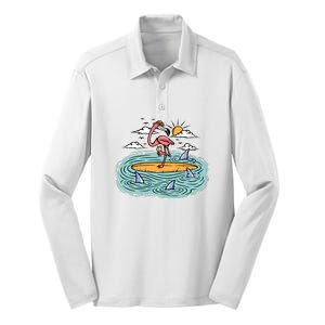 Surfing Flamingo On A Surfboard In The Sea Holiday Gift Surf Silk Touch Performance Long Sleeve Polo