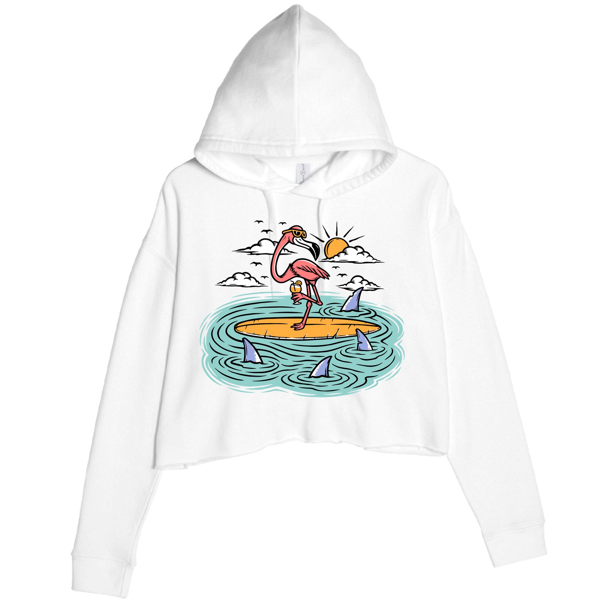 Surfing Flamingo On A Surfboard In The Sea Holiday Gift Surf Crop Fleece Hoodie