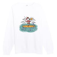 Surfing Flamingo On A Surfboard In The Sea Holiday Gift Surf Premium Crewneck Sweatshirt