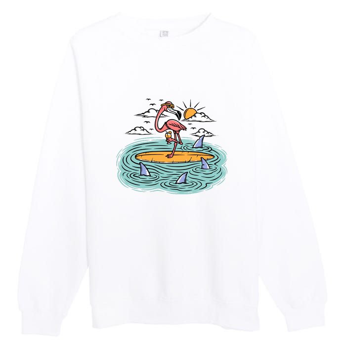 Surfing Flamingo On A Surfboard In The Sea Holiday Gift Surf Premium Crewneck Sweatshirt