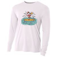 Surfing Flamingo On A Surfboard In The Sea Holiday Gift Surf Cooling Performance Long Sleeve Crew