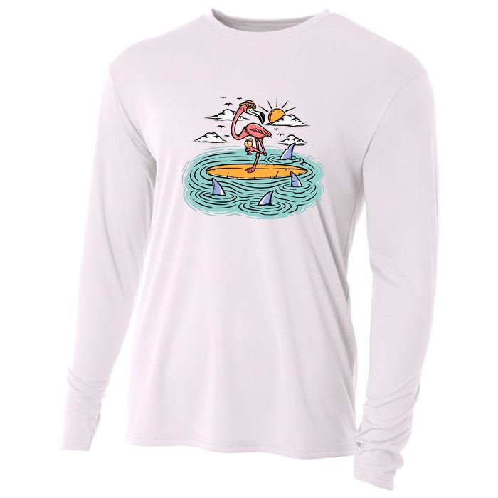 Surfing Flamingo On A Surfboard In The Sea Holiday Gift Surf Cooling Performance Long Sleeve Crew