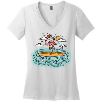 Surfing Flamingo On A Surfboard In The Sea Holiday Gift Surf Women's V-Neck T-Shirt