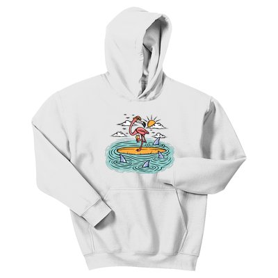 Surfing Flamingo On A Surfboard In The Sea Holiday Gift Surf Kids Hoodie