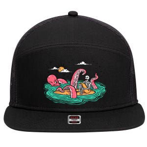 Surfing Funny Octopus Attacks Surfers Skeleton Holiday Gift 7 Panel Mesh Trucker Snapback Hat