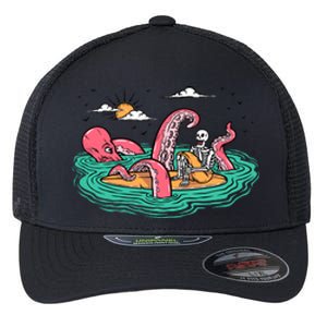 Surfing Funny Octopus Attacks Surfers Skeleton Holiday Gift Flexfit Unipanel Trucker Cap