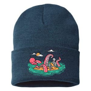 Surfing Funny Octopus Attacks Surfers Skeleton Holiday Gift Sustainable Knit Beanie