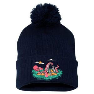 Surfing Funny Octopus Attacks Surfers Skeleton Holiday Gift Pom Pom 12in Knit Beanie