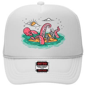 Surfing Funny Octopus Attacks Surfers Skeleton Holiday Gift High Crown Mesh Back Trucker Hat