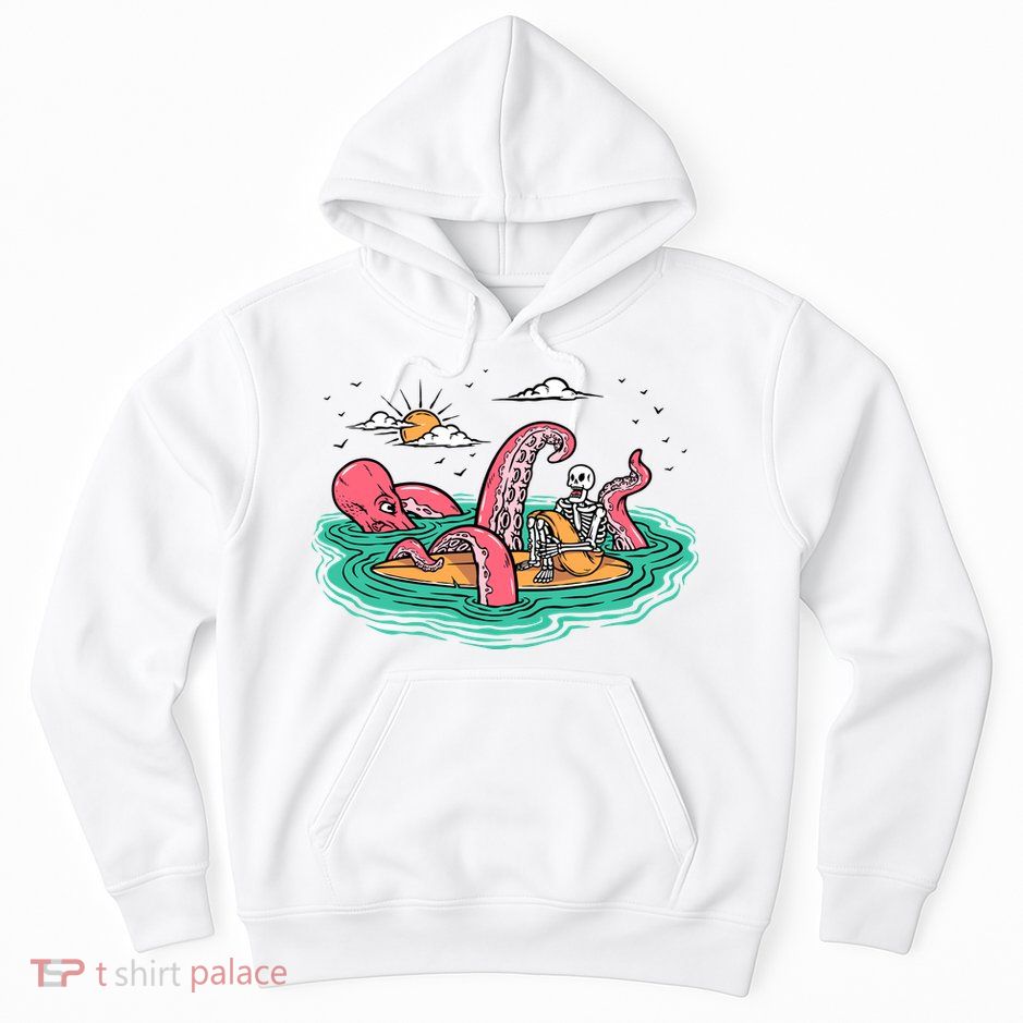 Surfing Funny Octopus Attacks Surfers Skeleton Holiday Gift Hoodie