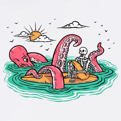 Surfing Funny Octopus Attacks Surfers Skeleton Holiday Gift T-Shirt
