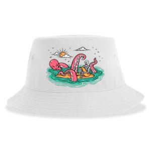 Surfing Funny Octopus Attacks Surfers Skeleton Holiday Gift Sustainable Bucket Hat