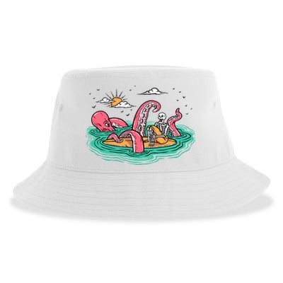 Surfing Funny Octopus Attacks Surfers Skeleton Holiday Gift Sustainable Bucket Hat