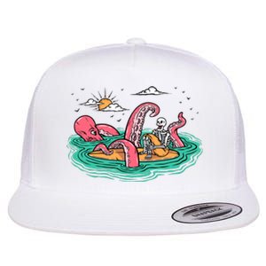 Surfing Funny Octopus Attacks Surfers Skeleton Holiday Gift Flat Bill Trucker Hat