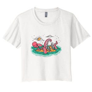 Surfing Funny Octopus Attacks Surfers Skeleton Holiday Gift Women's Crop Top Tee