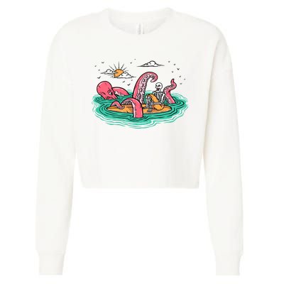 Surfing Funny Octopus Attacks Surfers Skeleton Holiday Gift Cropped Pullover Crew
