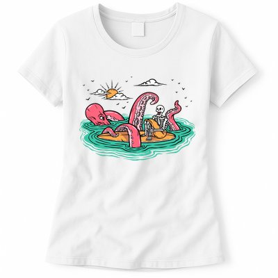 Surfing Funny Octopus Attacks Surfers Skeleton Holiday Gift Womens T-Shirt