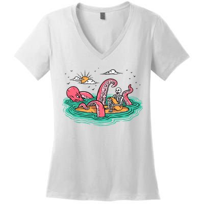 Surfing Funny Octopus Attacks Surfers Skeleton Holiday Gift Women's V-Neck T-Shirt