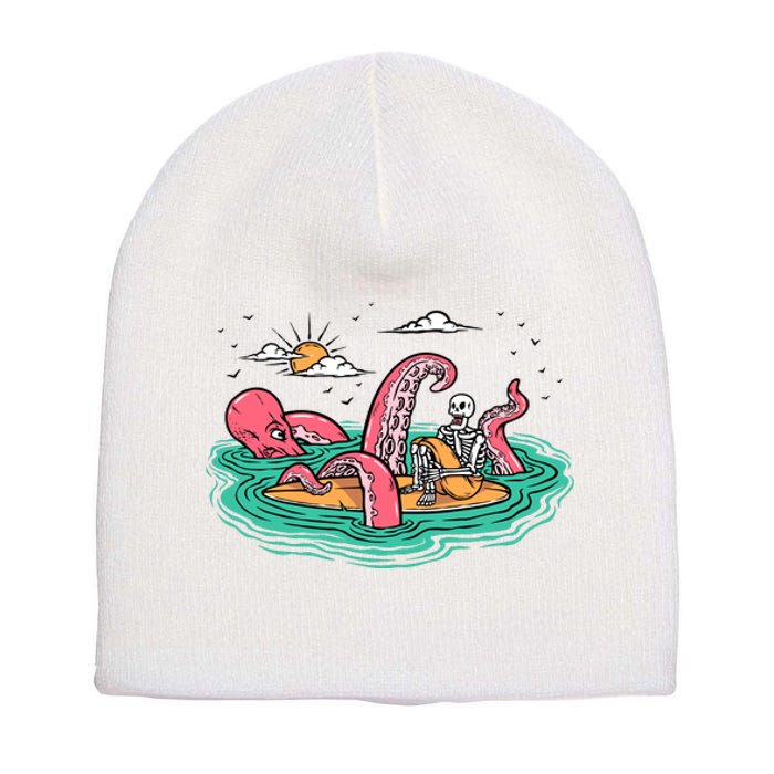 Surfing Funny Octopus Attacks Surfers Skeleton Holiday Gift Short Acrylic Beanie