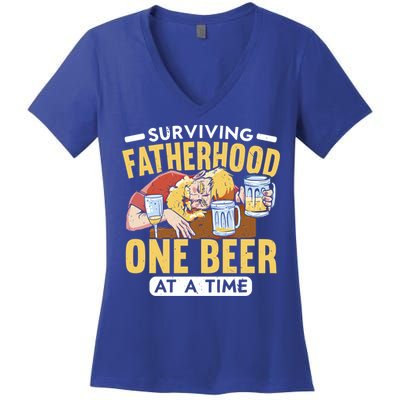 Surviving Fatherhood One Beer At A Time Alcoholic Daddy Gift Women's V-Neck T-Shirt