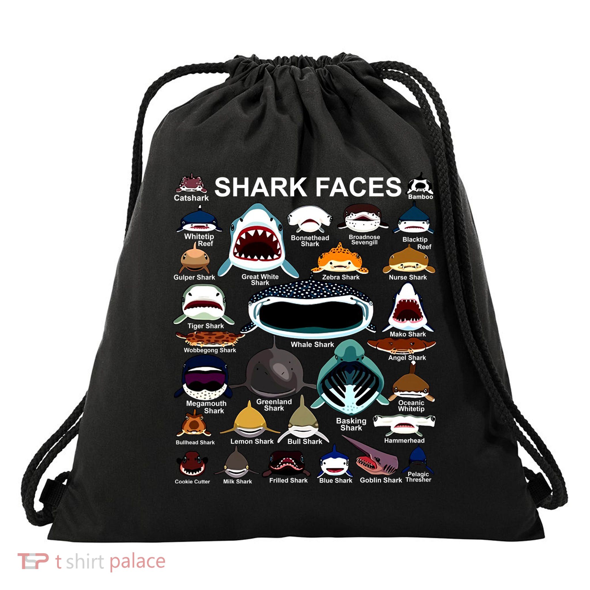 Shark Faces Of All Kinds Drawstring Bag