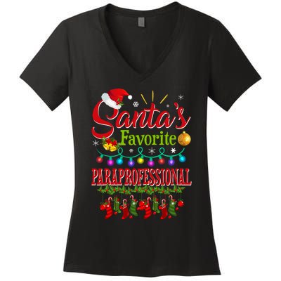 SantaS Favorite Paraprofessional Christmas Santa Hat Light Women's V-Neck T-Shirt