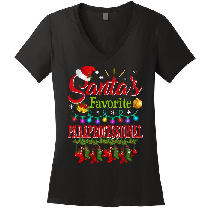 SantaS Favorite Paraprofessional Christmas Santa Hat Light Women's V-Neck T-Shirt