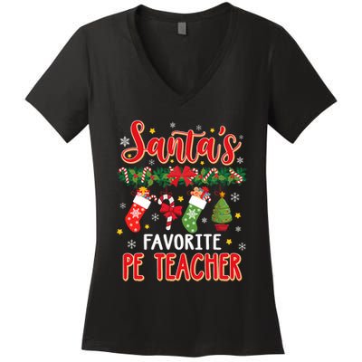 SantaS Favorite Pe Teacher Santa Hat Xmas Women's V-Neck T-Shirt