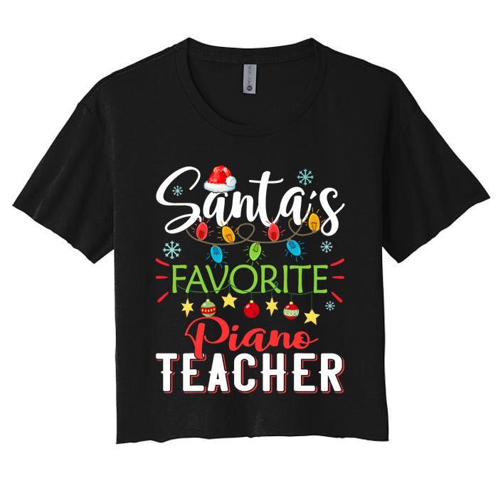 SantaS Favorite Piano Teacher Xmas Light Hat Christmas Women's Crop Top Tee