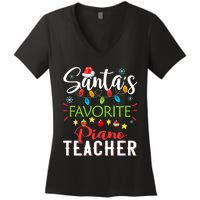 SantaS Favorite Piano Teacher Xmas Light Hat Christmas Women's V-Neck T-Shirt