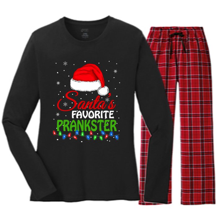 SantaS Favorite Prankster Santa Hat Lights. Funny Christmas Women's Long Sleeve Flannel Pajama Set 