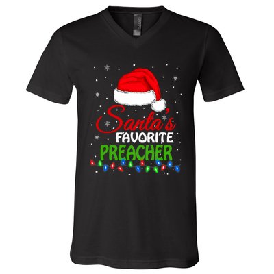 SantaS Favorite Preacher Santa Hat Lights. Funny Christmas V-Neck T-Shirt