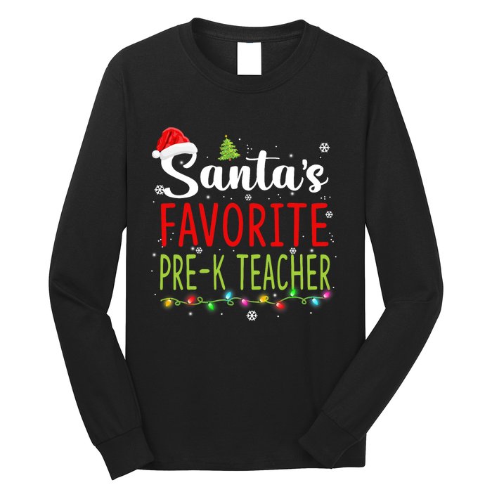 SantaS Favorite Prek Teacher Christmas Santa Hat Lights Long Sleeve Shirt