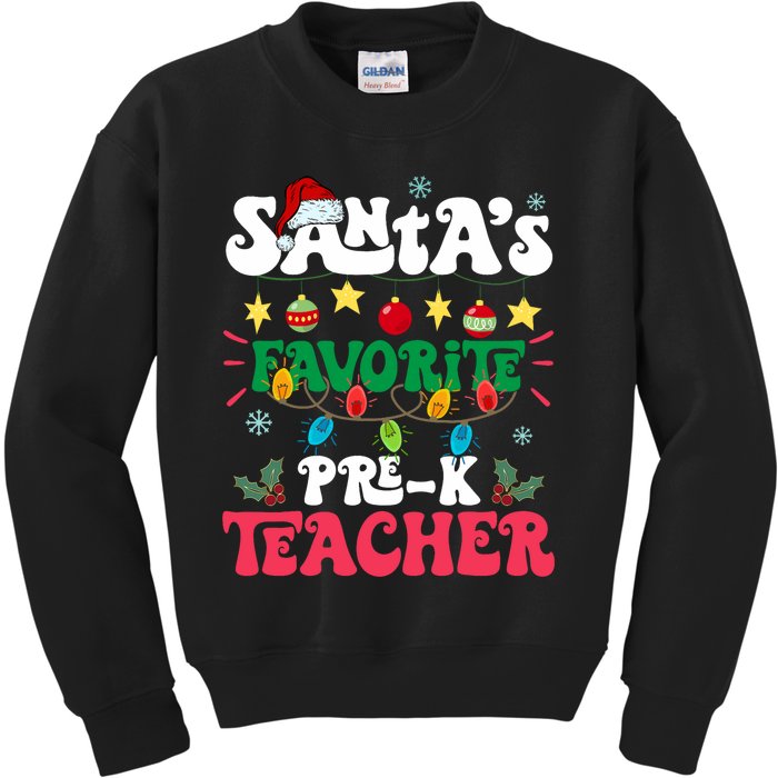 SantaS Favorite Prek Teacher Santa Hat Light Christmas Kids Sweatshirt