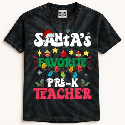 SantaS Favorite Prek Teacher Santa Hat Light Christmas Kids Tie-Dye T-Shirt