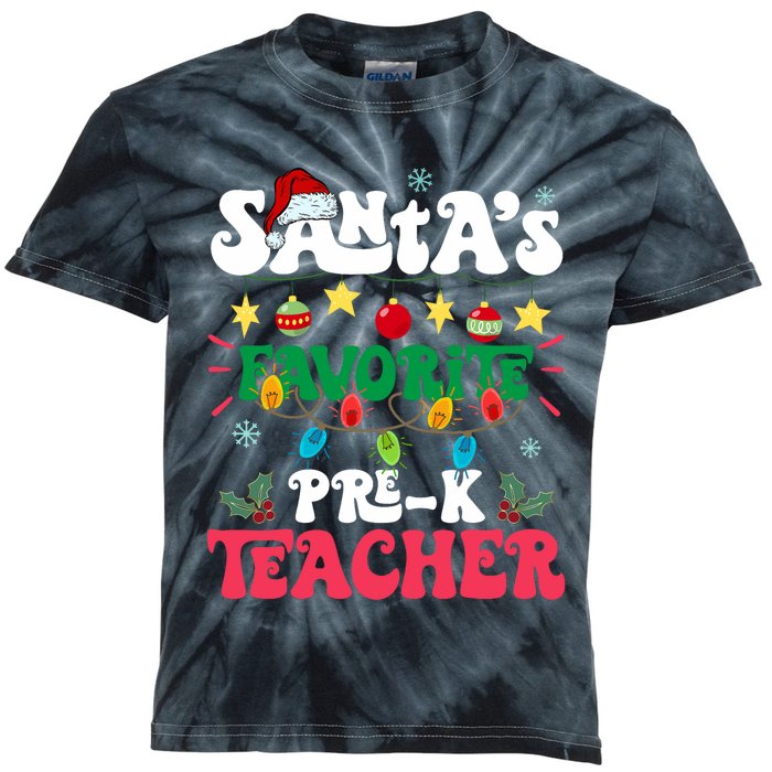 SantaS Favorite Prek Teacher Santa Hat Light Christmas Kids Tie-Dye T-Shirt