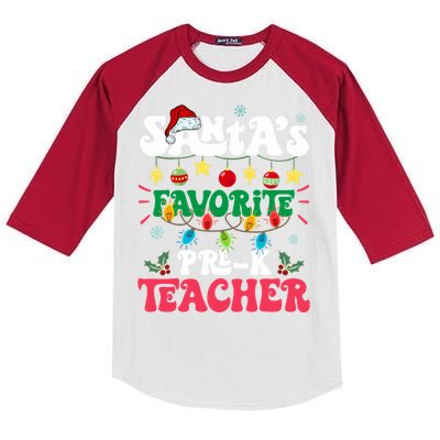 SantaS Favorite Prek Teacher Santa Hat Light Christmas Kids Colorblock Raglan Jersey