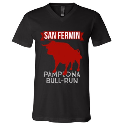San Fermin Pamplona Bull Run Spain Bull Fighting Festival V-Neck T-Shirt